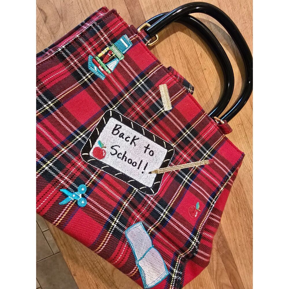Kim Rogers Back to School Red Plaid Tartan Clutch Purse 2 Inner Pockets Applique